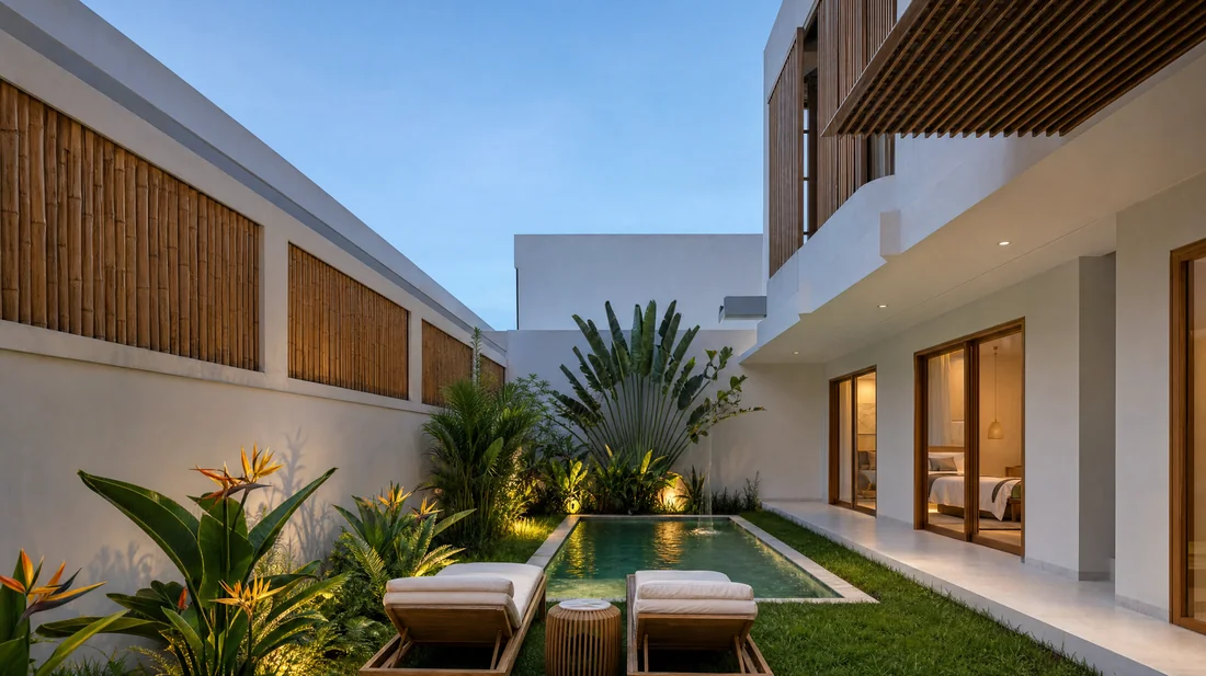 Villa Teak courtyard in the evening with the lights on