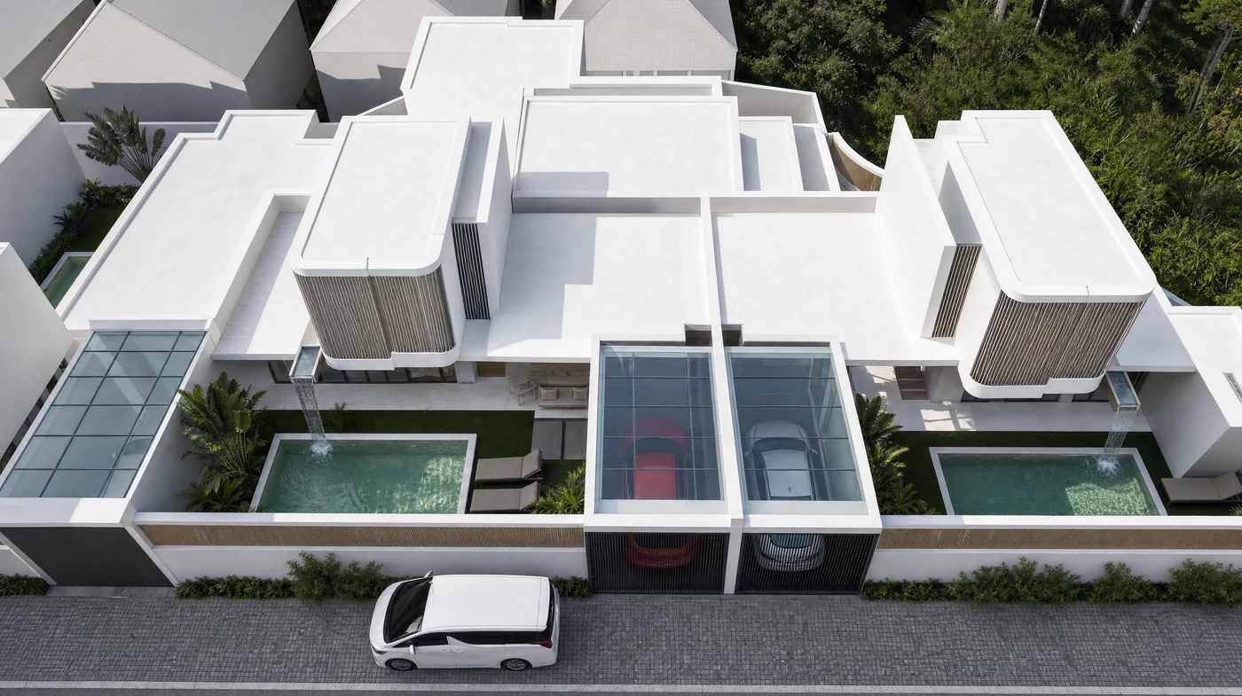 All five houses from above, each with its own pool