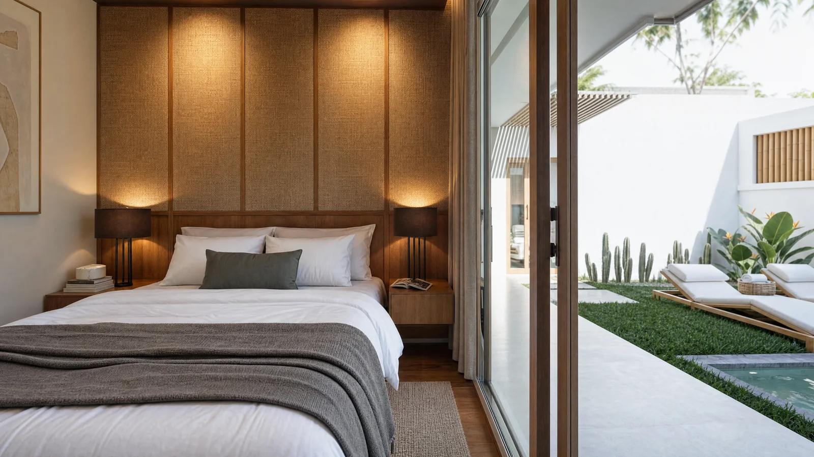 A bedroom with a woven panel wall behind the bed