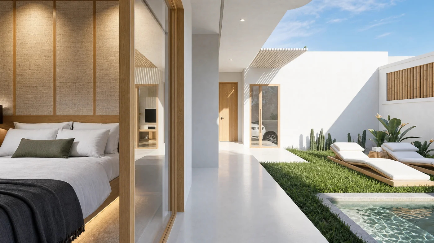 A bedroom looks straight out at the water