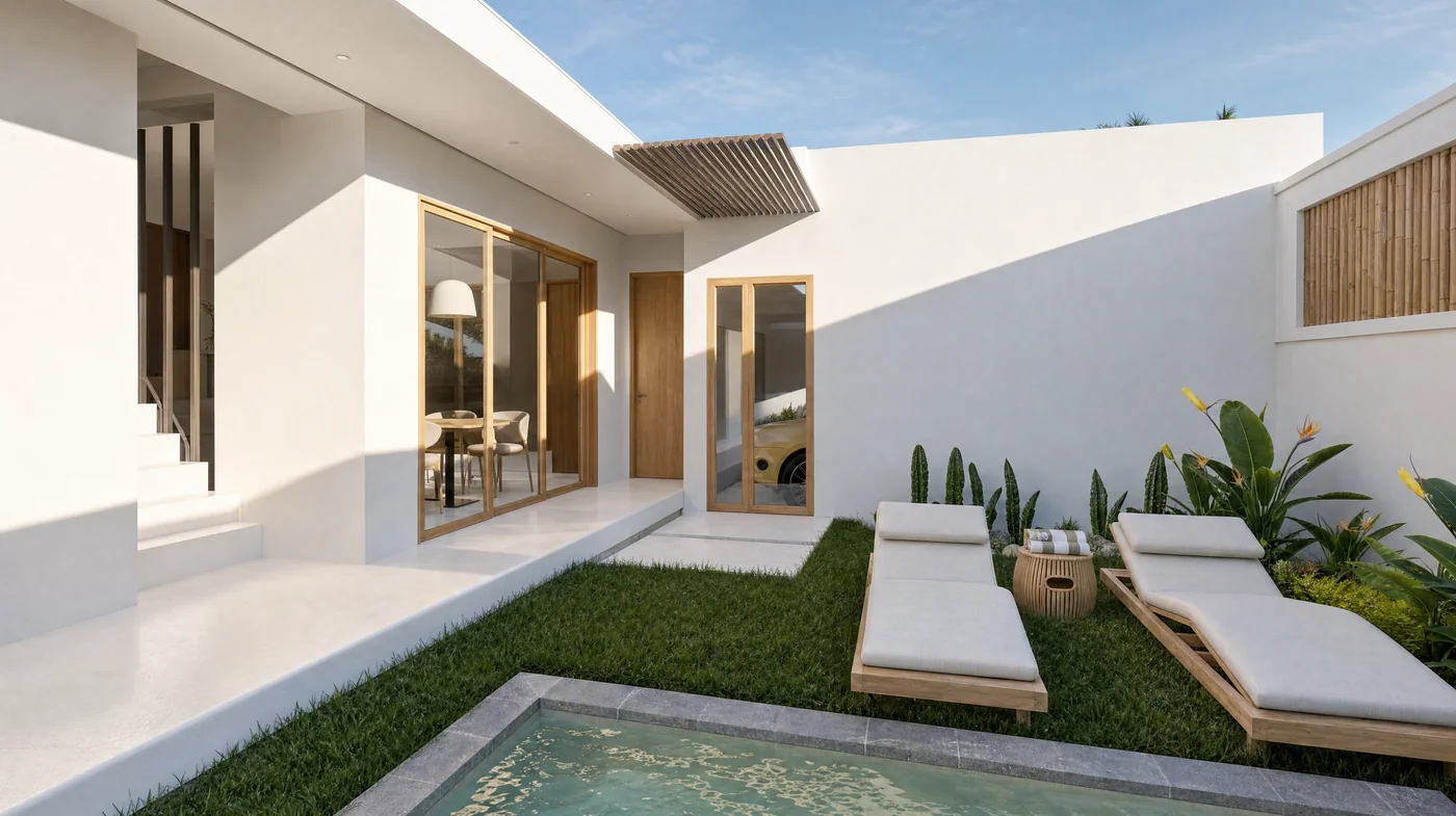 Sun beds on the grass beside the pool