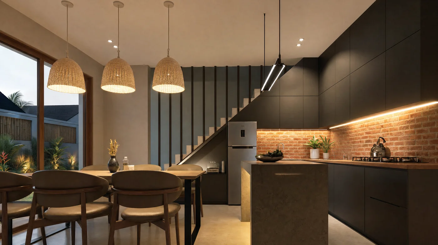 The dining table beside the stairs