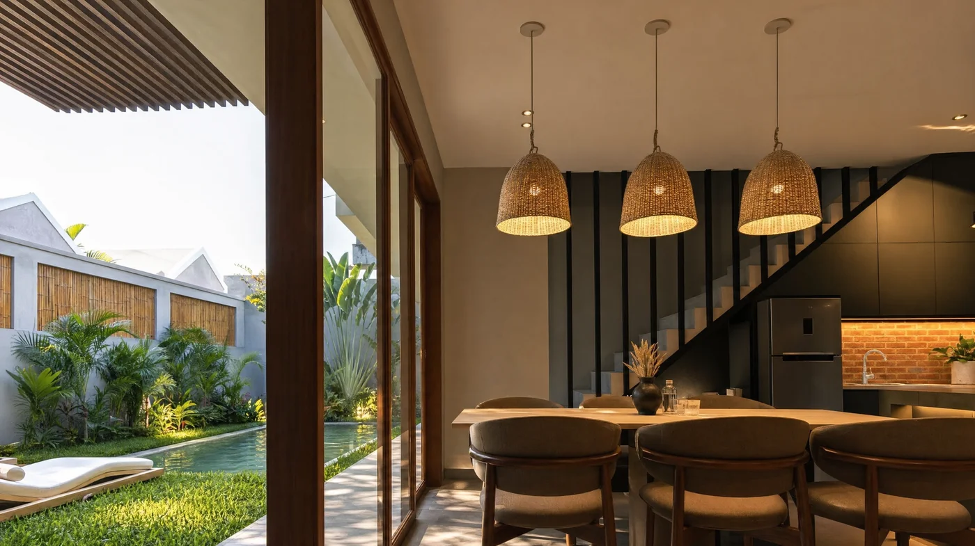 The dining table and the stairs behind it