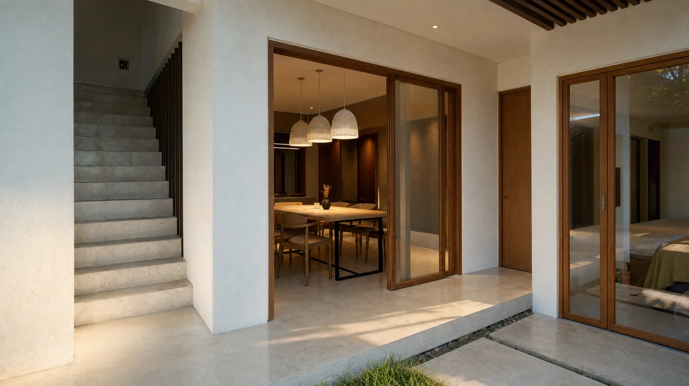 The front of the house with white walls and dark timber battens
