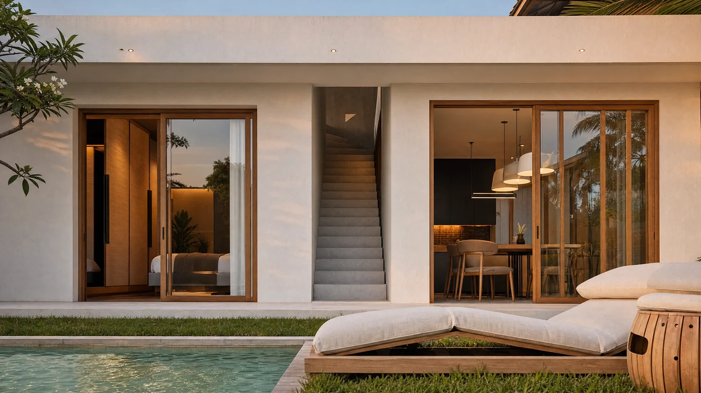 The back of Villa Banyan at dusk, with the rooms lit behind the glass