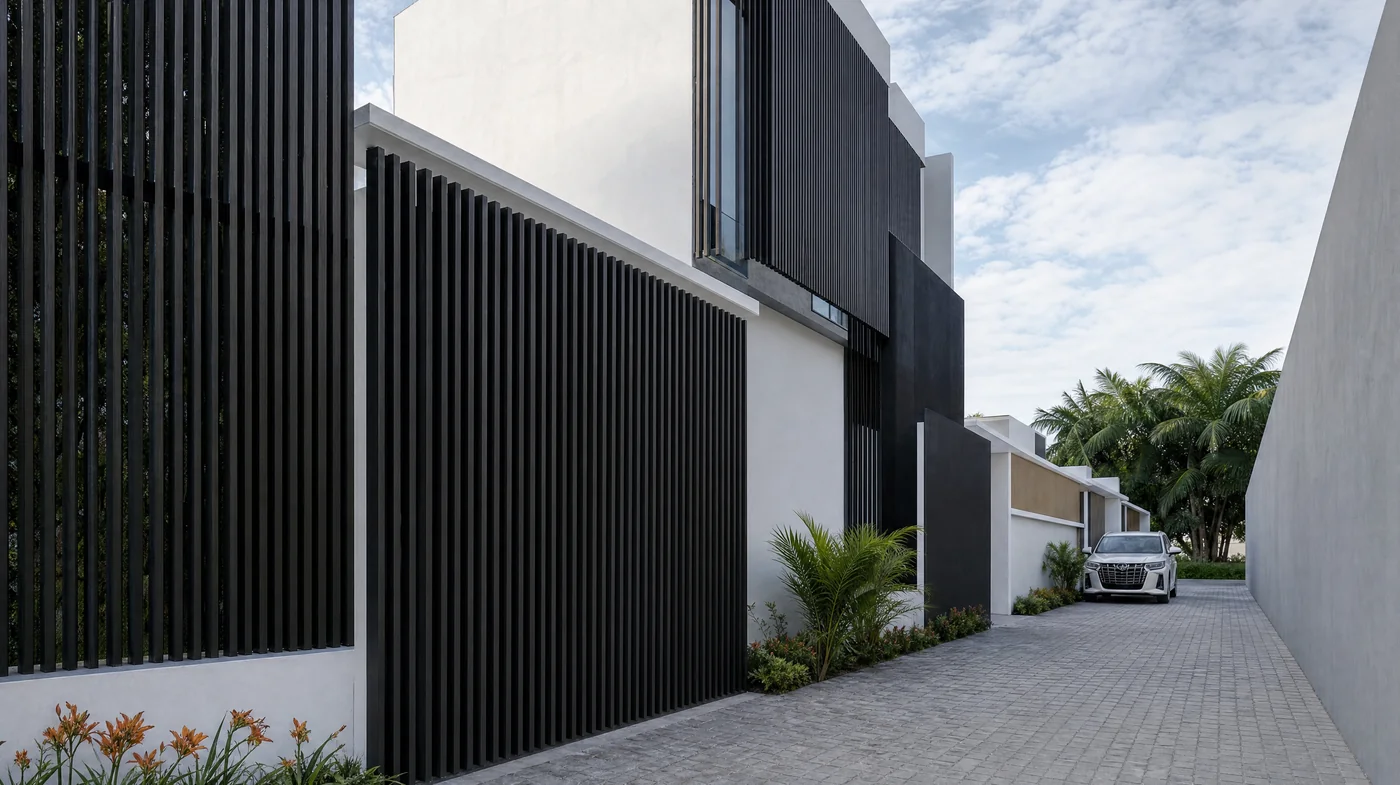 White walls and dark timber battens along the lane