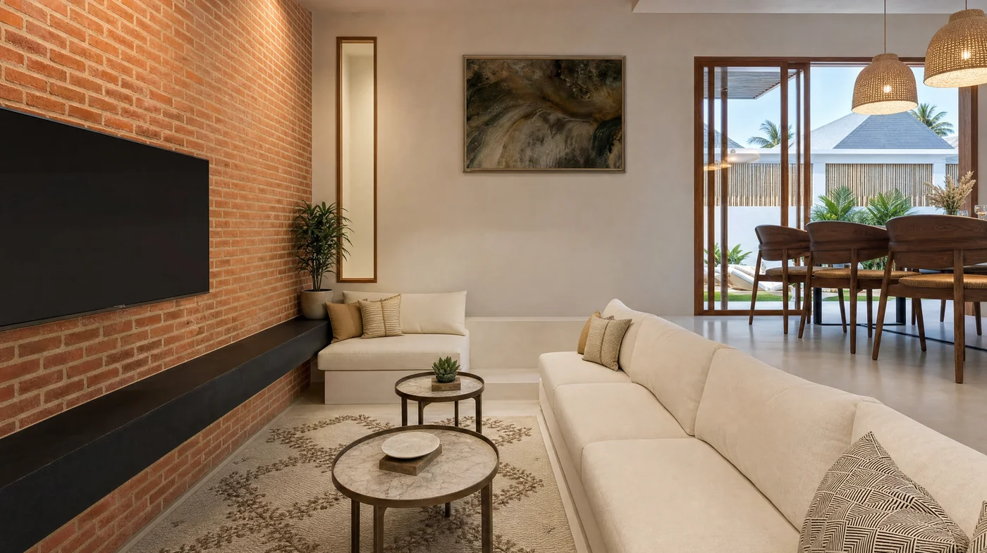 The sunken living room and its brick wall